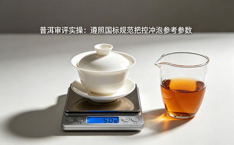 110ml 标准审评盖碗、5g 投茶量的电子秤及盛有茶汤的公道杯,体现专业审评的严谨