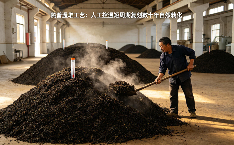 制茶车间内茶农正在翻动堆积如山的深色茶叶,茶堆上插有温度计并冒着热气