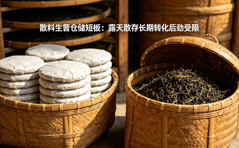 用棉纸包好的普洱茶饼在竹筐中仓储,与敞口竹篓中存放的普洱散茶,背景为传统云南茶仓