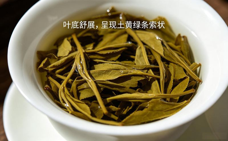 白瓷盖碗中泡开的铁观音叶底，呈土黄绿色条索状