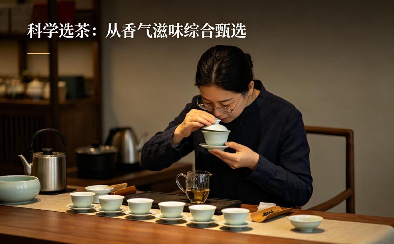 一位茶友正通过闻香来品鉴茶汤，体现了科学选茶应综合考虑香气和滋味，而非仅看茶毫的多少