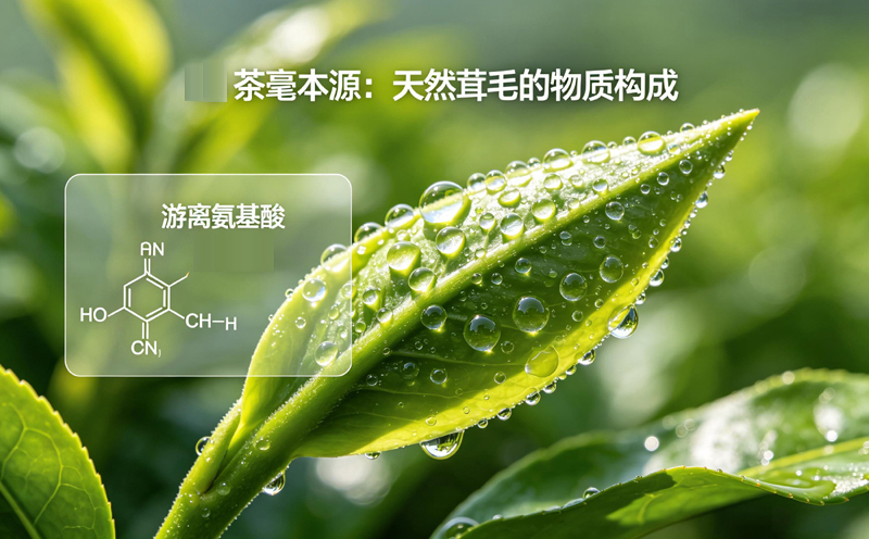 茶芽表面的单细胞茶毫，并标注出其富含的游离氨基酸、茶氨酸等营养物质，解释了茶毫的物质构成