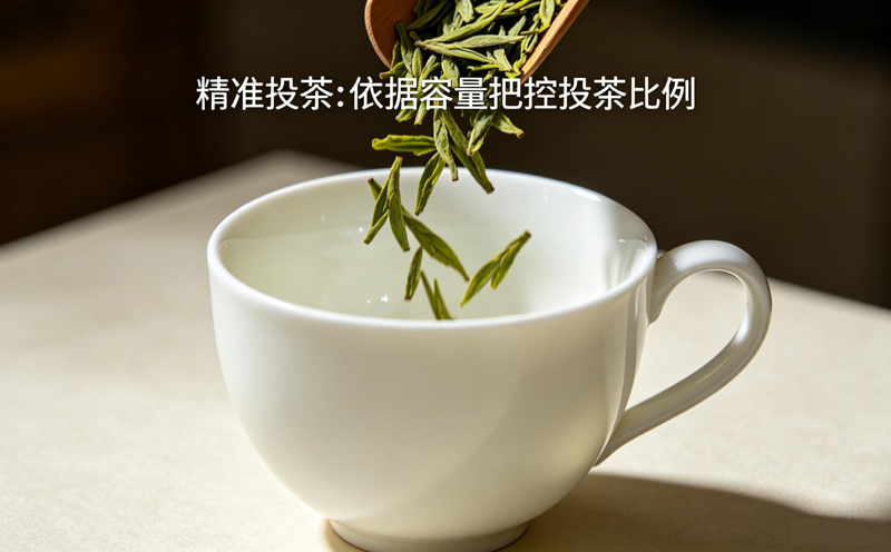 向 400ml 瓷杯中投入 2 克西湖龙井干茶，轻轻晃动使茶叶均匀分布