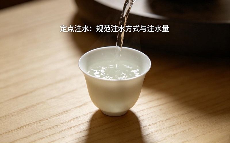 用适宜温度的沸水点滴注入，轻柔浸润干茶，使其初步舒展并唤醒香气