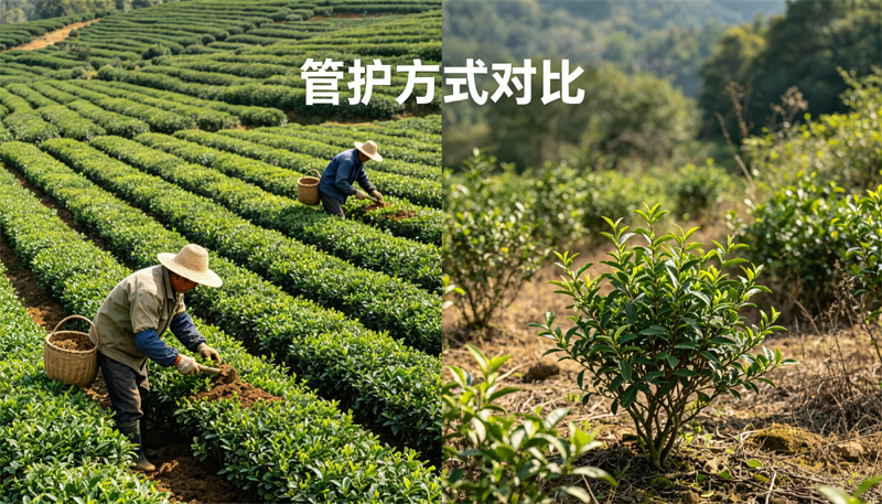 管护方式对比,人工管护茶园与自然生长荒野茶