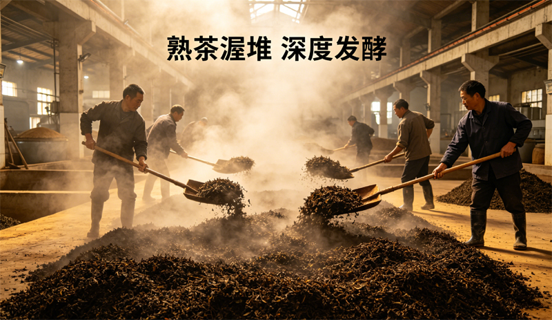 普洱熟茶人工渥堆高发酵工艺核心特征：茶厂工人正在翻铲巨大的渥堆发酵茶叶堆