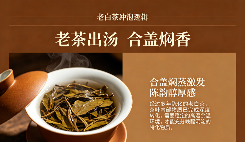老白茶冲泡出汤后，盖碗盖子合上，利用余温焖蒸，画面沉稳有质感，突出其激发陈香的特点