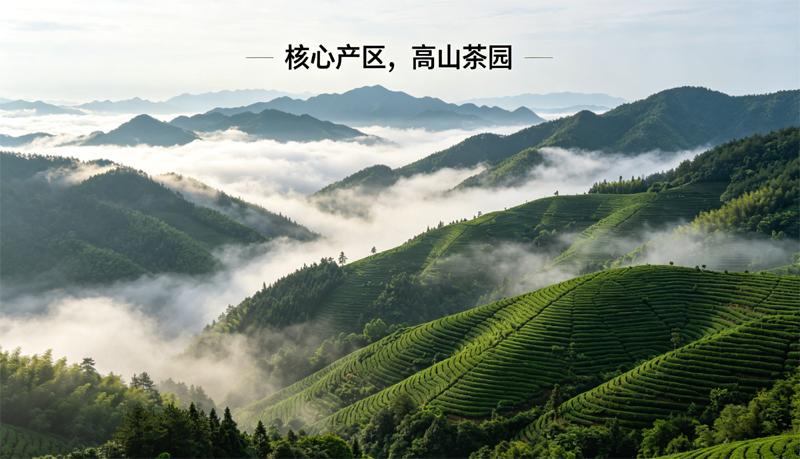 安徽黄山太平猴魁核心产区的高山茶园,海拔 300 米以上,云雾缭绕