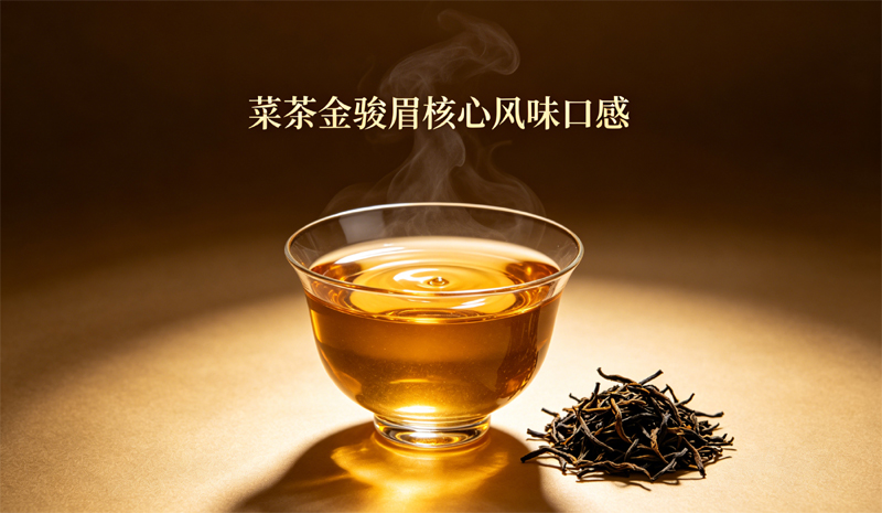 一杯冲泡好的桐木关菜茶金骏眉，茶汤金黄透亮，呈现出其清雅高级的核心风味口感特征。