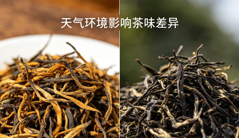对比展示晴天与阴天制作的桐木关菜茶金骏眉，体现天气环境对茶叶风味的差异化影响。