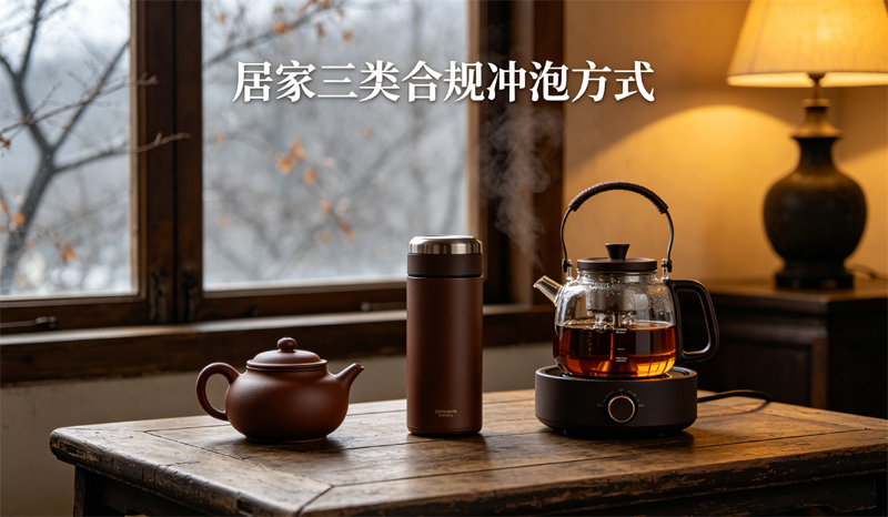 古朴的木质桌面上，并排展示了三种适合秋冬季节的黑茶居家冲泡方式：紫砂壶、保温杯和煮茶器