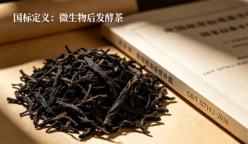 一堆黝黑油润的黑茶干茶旁，放置着一本打开的国家标准手册，清晰展示了 GB/T 32719.1-2016《黑茶 第 1 部分：基本要求》