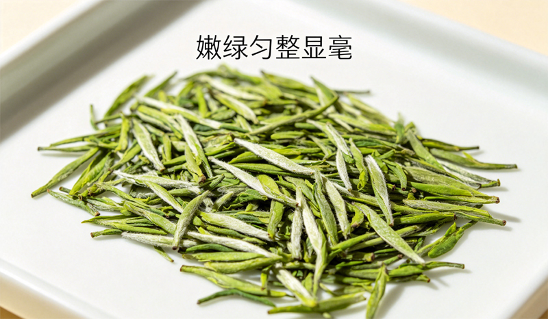 浙江中茶 108 干茶，嫩绿明亮，匀整显毫，芽叶细嫩