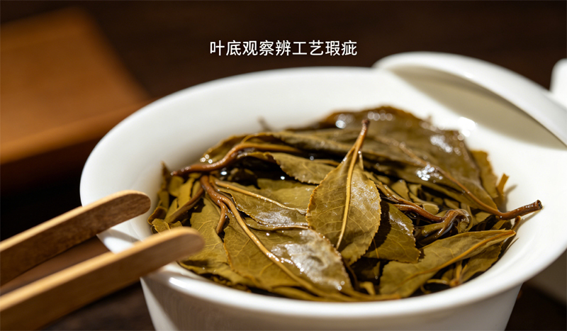 白色瓷碗中盛放的普洱茶叶底,叶片完整均匀,无红梗焦斑