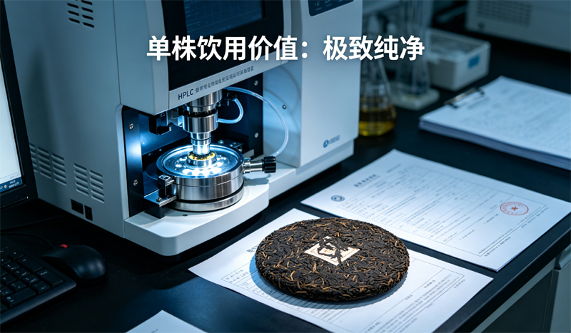 单株饮用价值：专业理化检测实验室内，HPLC 高效液相色谱仪正在对普洱茶样品进行检测。
