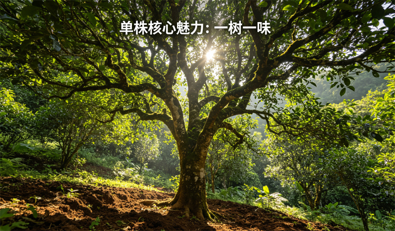 单株核心魅力：云南南糯山 800 年树龄的古茶王树，生长在深层腐殖土和茂密森林中，阳光透过树叶洒下。