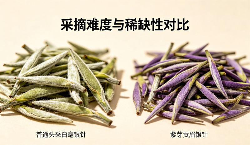 普通头采白毫银针和紫芽贡眉银针，普通银针芽头肥大，紫芽银针芽体细小
