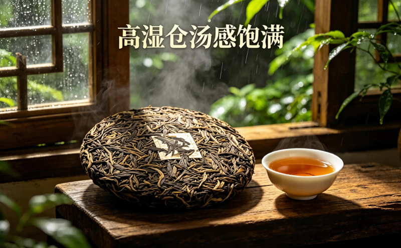 高湿自然仓转化特点：转化速度快，茶汤质感饱满。南方自然茶仓环境，窗外绿植湿润，厚实绵柔的茶汤