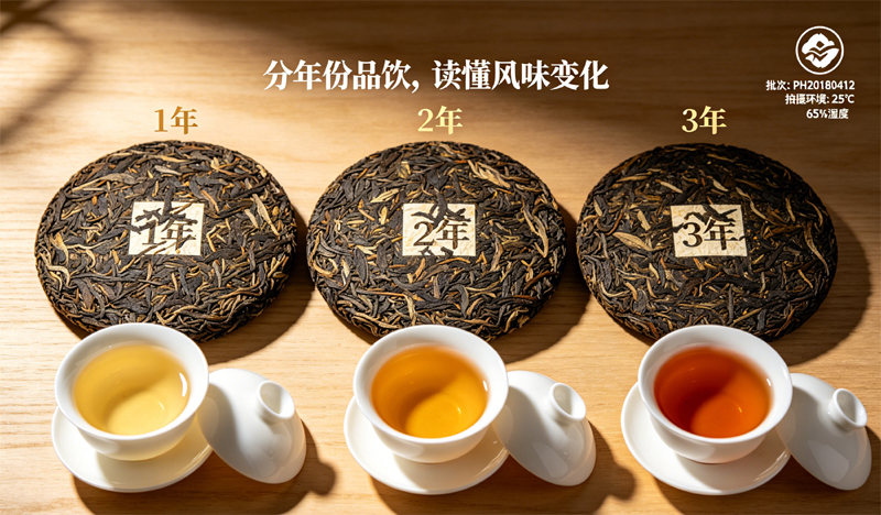 三款不同贮藏年份的普洱紧压茶饼,搭配对应审评盖碗,茶汤色泽分层展示,直观呈现年份带来的风味差异