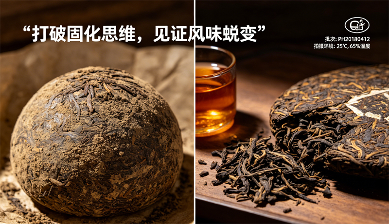 两组普洱茶饼对比,左侧长期完整封存,右侧定期取样品鉴,结合山头茶原料特征,客观展示两种收藏方式的特点,写实生活化拍摄