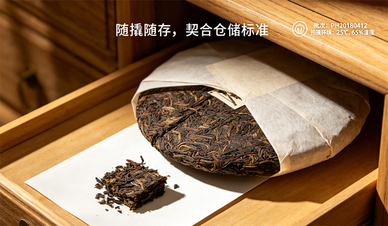 规范撬取少量普洱干茶,剩余茶饼用原生棉纸包裹复原,摆放于专用仓储柜,演示国标要求的随撬随存实操流程