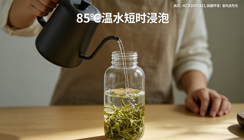 冷泡西湖狮峰龙井第三步，向冷泡瓶中缓慢倾倒 85℃温水，短时浸泡茶叶