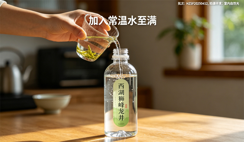 冷泡西湖狮峰龙井第四步，向冷泡瓶中加入常温纯净水，将容器加满至标准刻度