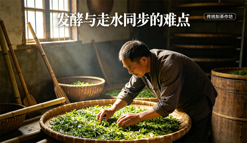 在传统的制茶作坊里,一位经验丰富的安溪制茶师傅正在观察茶青,精准把控发酵与走水的同步过程,这是传统铁观音制作的难点。