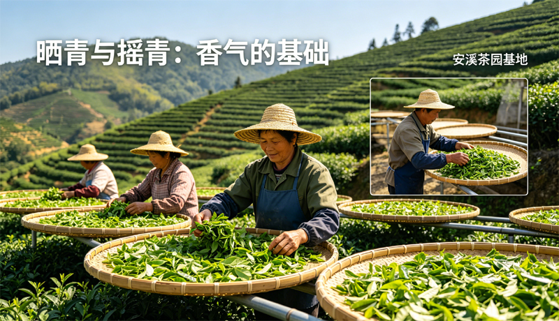 福建安溪茶园基地,茶农正在进行铁观音的晒青工序,阳光明媚,背景是连绵的茶山,这是铁观音香气生成的基础工序之一。