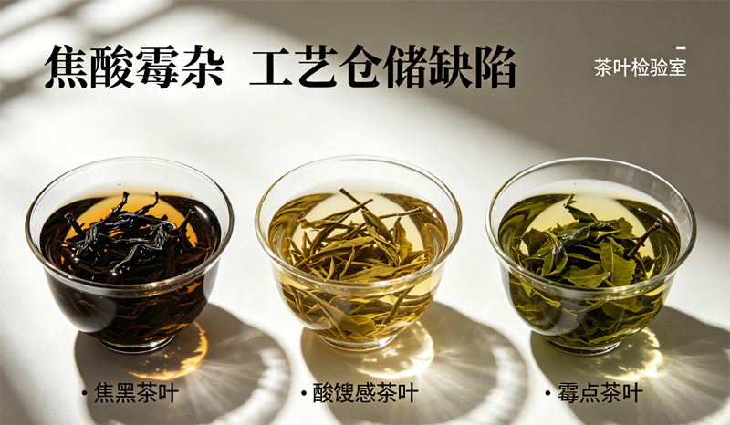 展示了三款有缺陷的茶叶:焦黑的茶叶、有酸馊感的茶叶、有霉点的茶叶,及其不正常颜色的茶汤,图片配有文字 “焦酸霉杂 工艺仓储缺陷” 和拍摄环境 “茶叶检验室”。
