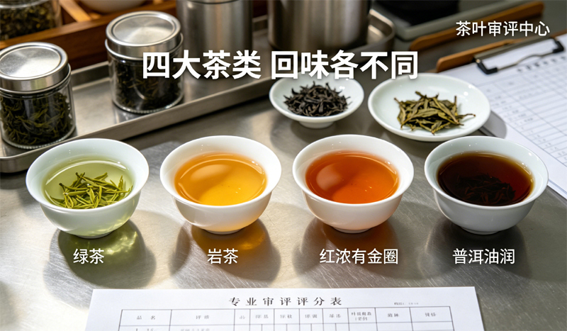 绿茶、岩茶、红茶、普洱茶的四款茶叶及其茶汤,背景是专业的审评工具,图片配有文字 “四大茶类 回味各不同” 和拍摄环境 “茶叶审评中心”。