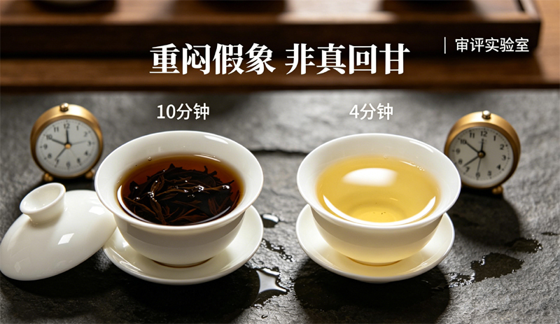 一个对比实验,左侧是长时间闷泡的深色茶汤,右侧是标准审评时间的清亮茶汤,图片配有文字 “重闷假象 非真回甘” 和拍摄环境 “审评实验室”。