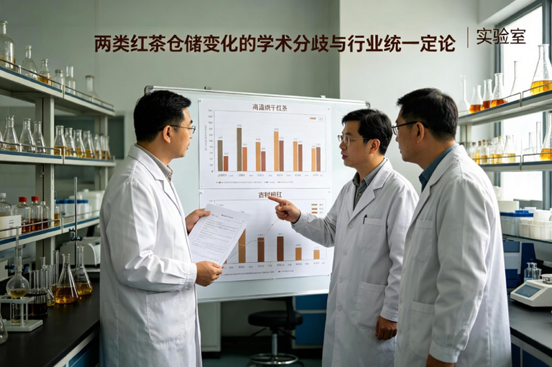 两类红茶仓储变化的学术分歧与行业统一定论。图中通过数据图表和学者讨论,展示了关于高温烘干红茶与古树晒红仓储变化的学术研究和行业共识。