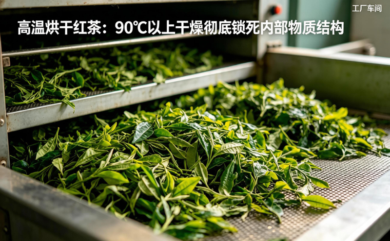 高温烘干红茶:90℃以上干燥彻底锁死内部物质结构。图示为连续式烘干机热风烘干茶叶的场景,揭示了高温对茶叶内部物质结构的影响。