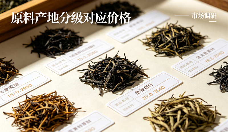 金骏眉价格分级，高清晰真实案例图片，中上方有文字 “原料产地分级对应价格”，右上角有 “市场调研” 标注。