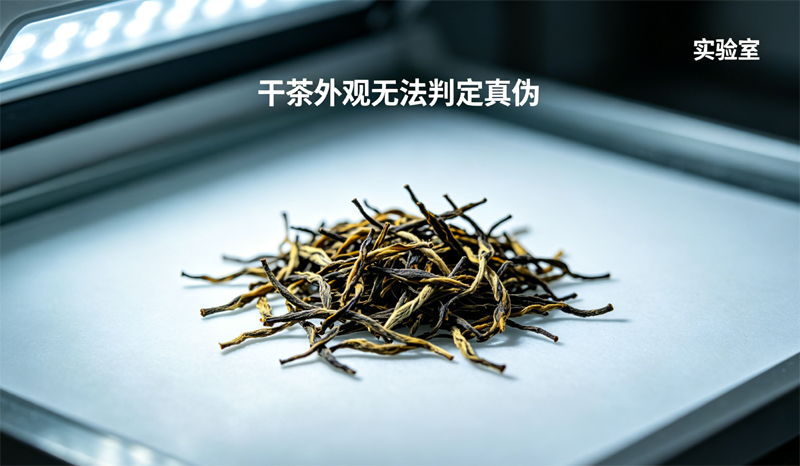 金骏眉真伪鉴别，高清晰真实案例图片，中上方有文字 “干茶外观无法判定真伪”，右上角有 “实验室” 标注。