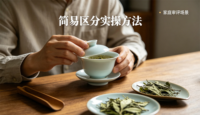一位普通茶友正按照国标审评简化流程，在家中使用标准审评盖碗，通过观察干茶、冲泡审评和对比叶底，简易地区分本土与异地引种的政和大白茶。