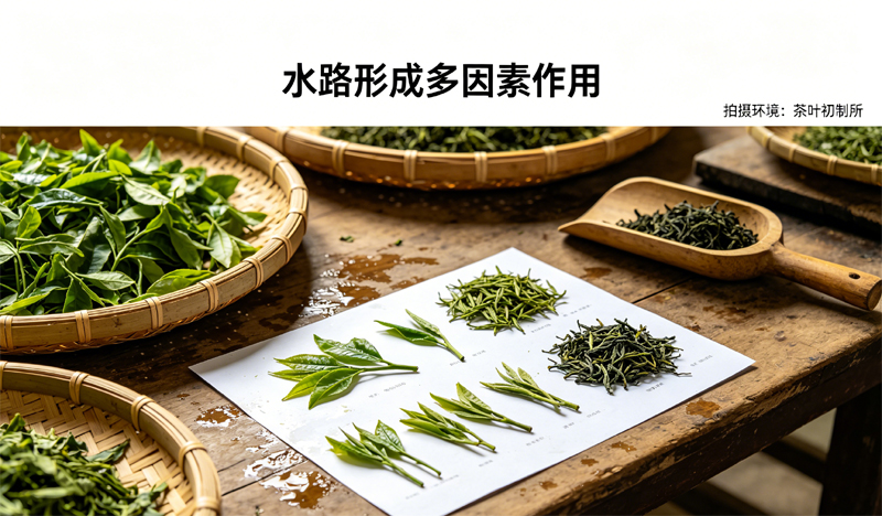水路形成多因素作用，茶叶初制所工作台面展示鲜叶、芽叶梗比例、竹匾与杀青揉捻工具，体现产区、采摘与工艺影响茶汤质感。