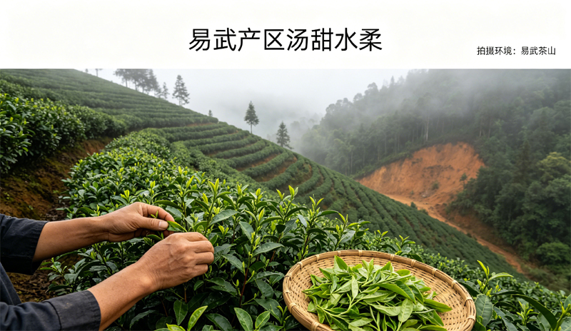 易武产区汤甜水柔，清晨薄雾中的易武茶山，茶树沿山坡生长，前景展示茶枝、鲜叶与湿润山林生态，右上角标注拍摄环境为易武茶山。