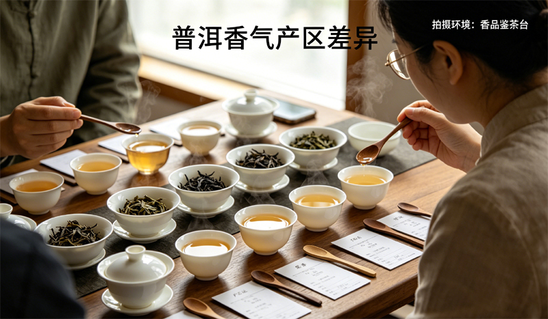 普洱香气产区差异，茶香品鉴茶台上摆放不同产区茶样、品茗杯、闻香杯与记录卡片，茶友正在辨别普洱茶产区香气特征。