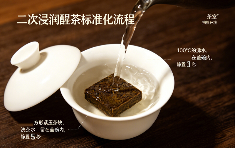 方形紧压水仙专属二次浸润醒茶标准化实操流程，实拍高清细节图，展示了用100℃沸水快速润洗茶块并静置的过程