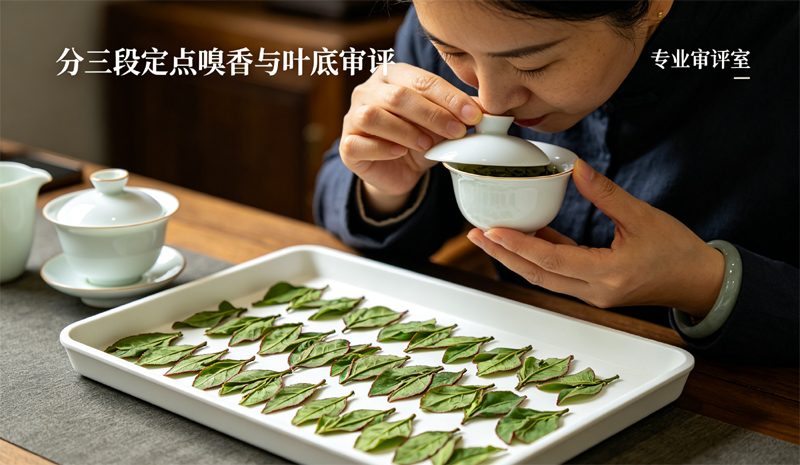 分三段定点嗅香，完整完成乌龙茶风味层次品鉴及尾泡叶底审评，展示了嗅闻杯盖香气及平铺于叶底盘上的漳平水仙叶底，叶片青绿色，边缘有红边。