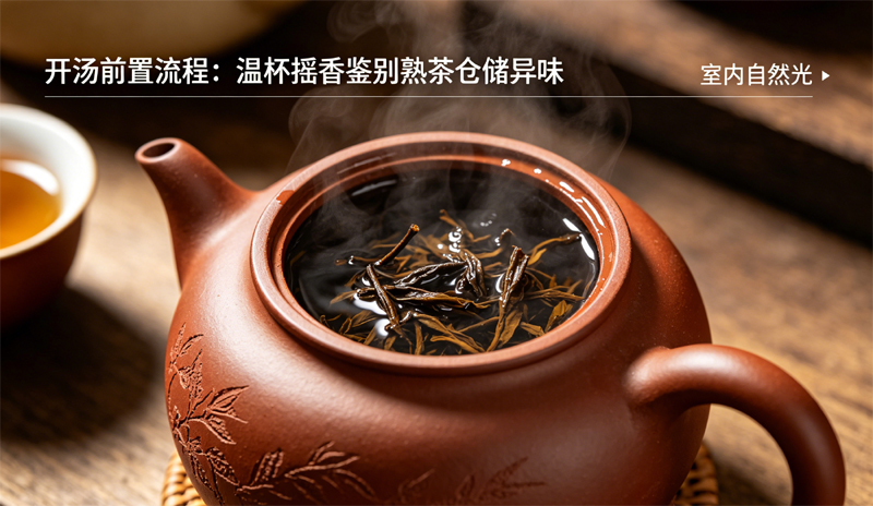 开汤前置流程：温杯摇香鉴别熟茶仓储异味。