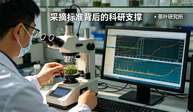 在茶叶研究所的实验室里,科研人员正用精密仪器分析茶叶样本,电脑屏幕上显示着复杂的数据分析图表,体现了采摘标准背后的理化指标与模型支撑