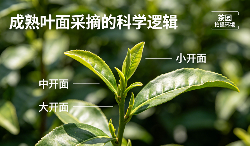 茶树枝叶特写,展示了一个顶芽已形成驻芽的新梢,并附带了 “小开面”、“中开面”、“大开面” 的判定示意图,体现了成熟叶面采摘的科学逻辑