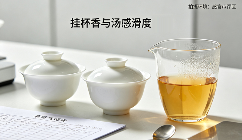 挂杯香与汤感滑度对比：白瓷闻香杯与透明审评杯并置，杯壁残留香气凝聚痕迹，金黄茶汤清澈透亮，搭配审评勺、记录表与小电子秤，呈现挂杯香和汤感审评现场。