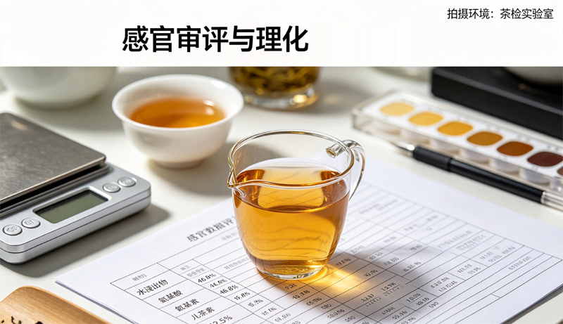 感官审评与理化数据对照：审评杯、白瓷茶碗、电子天平、比色皿与脱敏数据表格并置，表格呈现水浸出物、氨基酸、儿茶素等指标，体现感官审评与理化检测结合的茶检实验室场景。